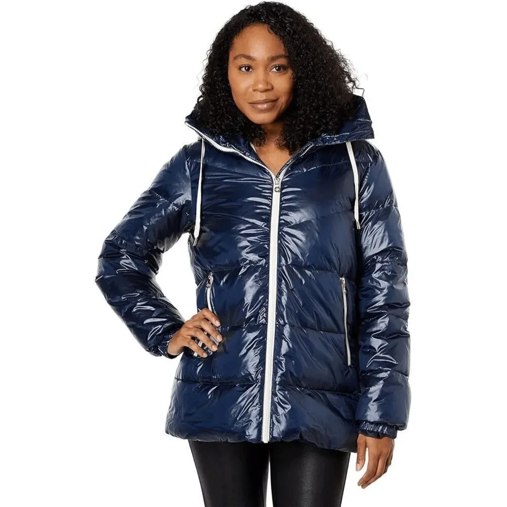 Kate Spade‎ Women's NWT Blue Metallic Hooded Zip Front Down Jacket Coat Large